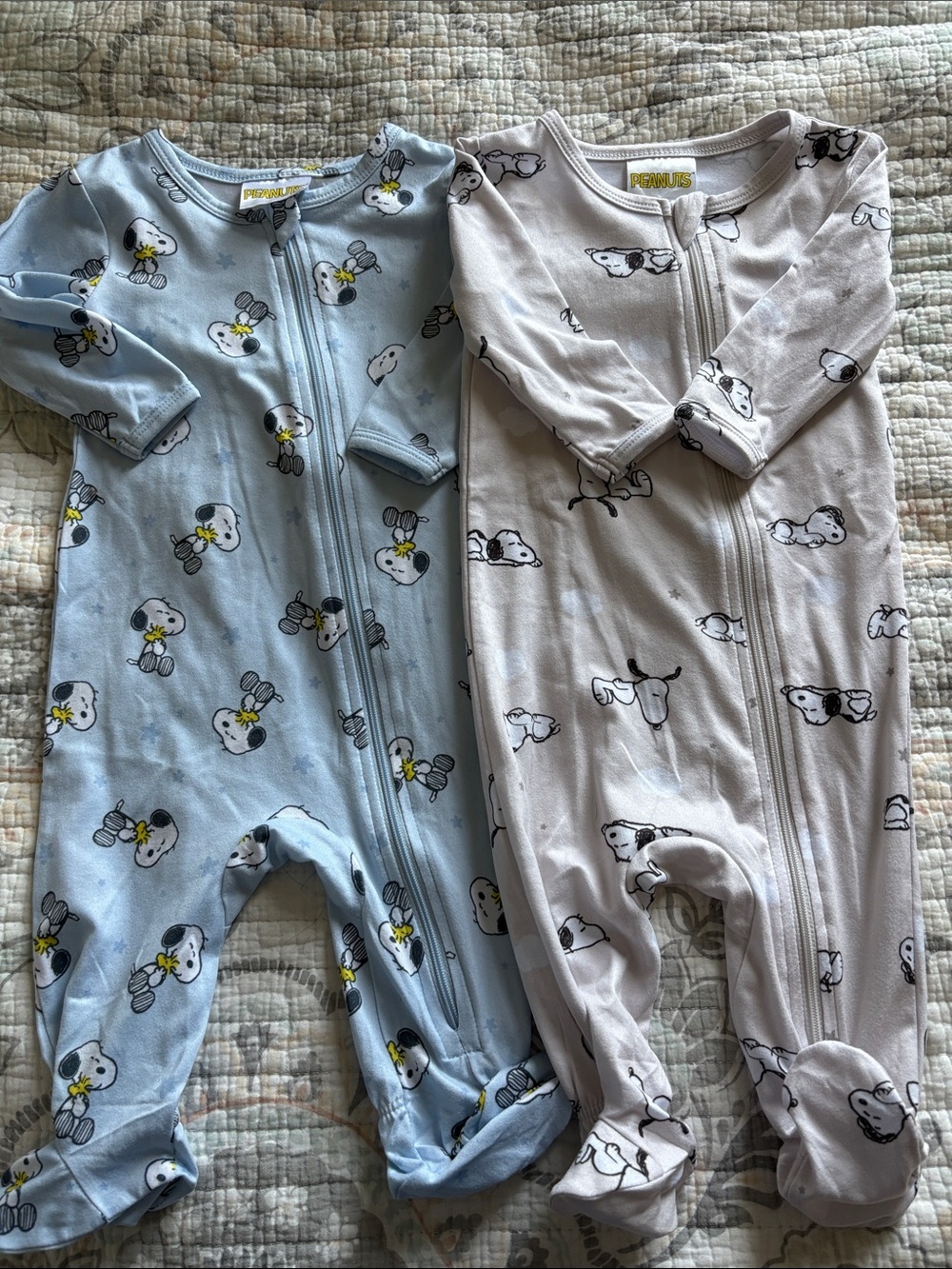 Peanuts Baby Footed One-Piece Pack - Light Blue & Light Gray